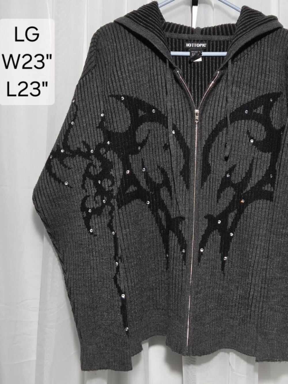 Hot Topic Grey Rhinestone Cyber Y2K Ribbed Knit Zip-Up Hoodie Large - Picture 2 of 6